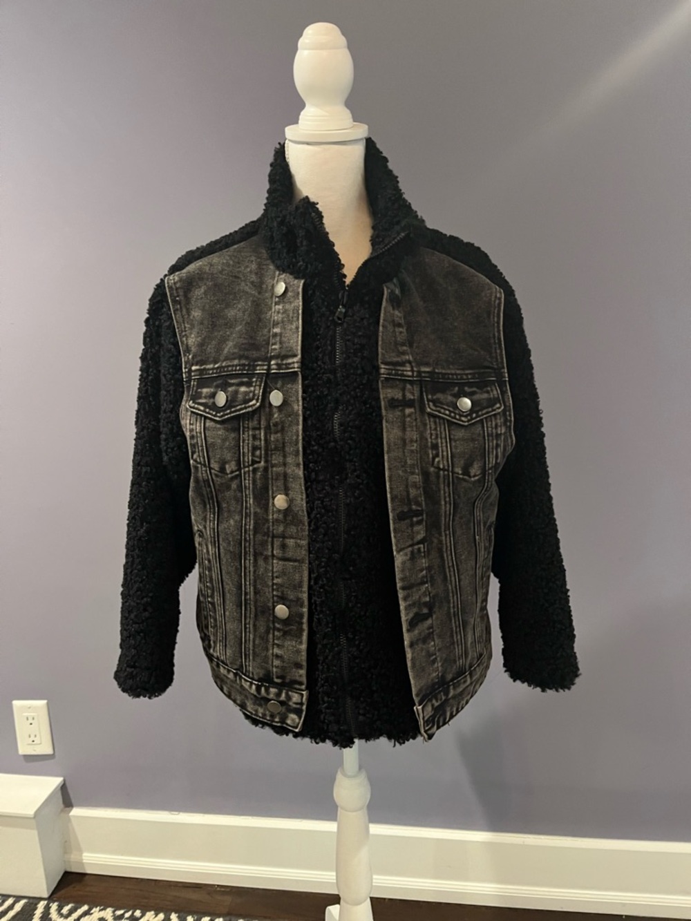 Vintage Havana Black Sherpa-Trim Washed Jean Jacket